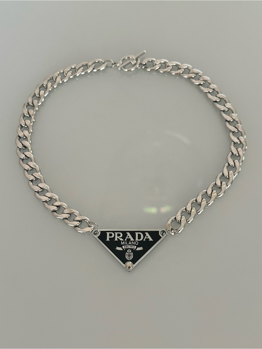 Silver 925 Prada Milano Choker Stainless Steel Cuban Link 16.5” Chain Necklace - Picture 3 of 8